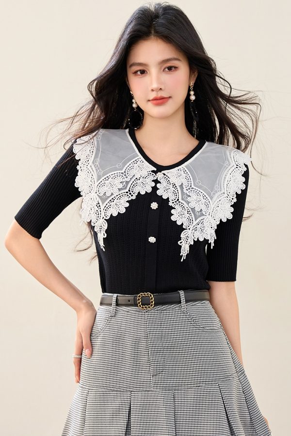 Lapel slim knitted tops summer puff sleeve sweater